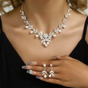 Rhinestone & Pearl Leaf Jewellery Set