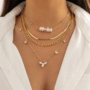 Gold Multi-layer Pearl and Chain Necklace