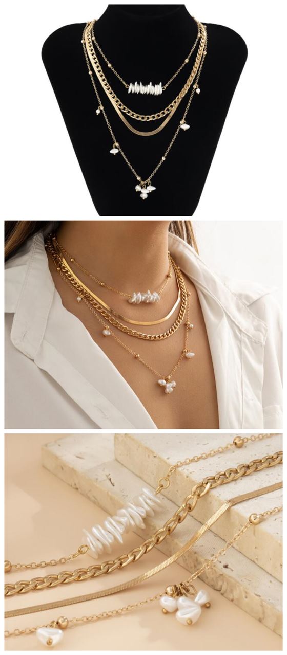 Gold Multi-layer Pearl and Chain Necklace