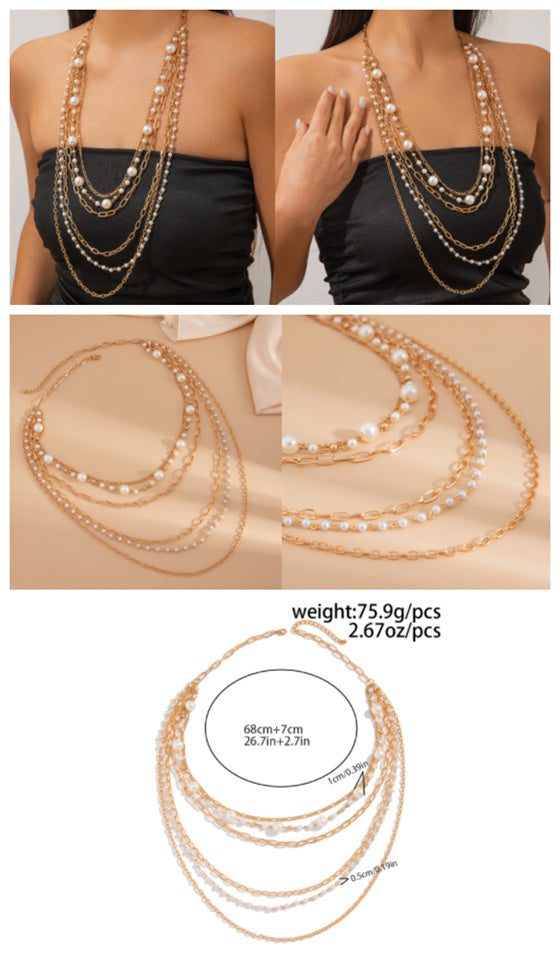 Multi-Layer Pearl Chain Statement Necklace