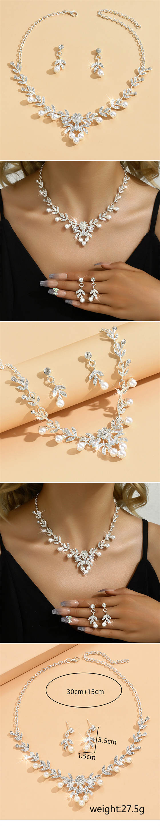 Rhinestone & Pearl Leaf Jewellery Set